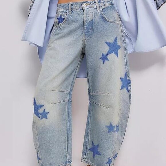 Astronomy Domain Star Printed Boyfriend Retro Horseshoe Jeans Light Blue - Picture 7 of 9
